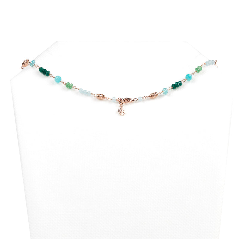 Faceted Amazonite, Avventurine, Green Agate and Blue Apatite necklace chained in rosé silver