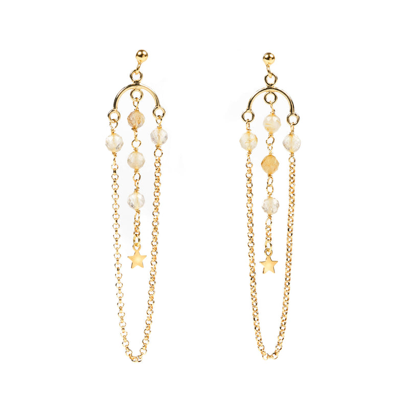 Rutilated Quartz chandellier earrings with gold-plated silver chain