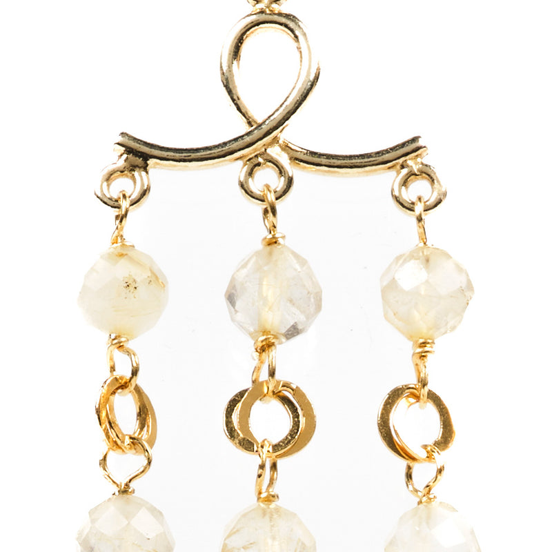 3-strand chandellier earrings in rutilated quartz with gold-plated silver frame